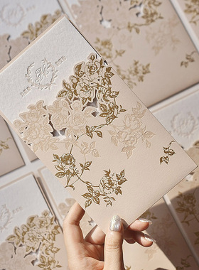 西式玫瑰婚礼请柬letterpress凸版定制请帖粉色喜帖邀请函浅杏色