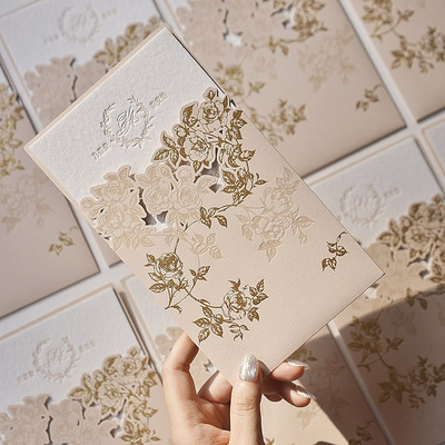 西式玫瑰婚礼请柬letterpress凸版定制请帖粉色喜帖邀请函浅杏色