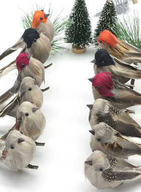 真实羽毛装饰田园风桌面仿真麻雀