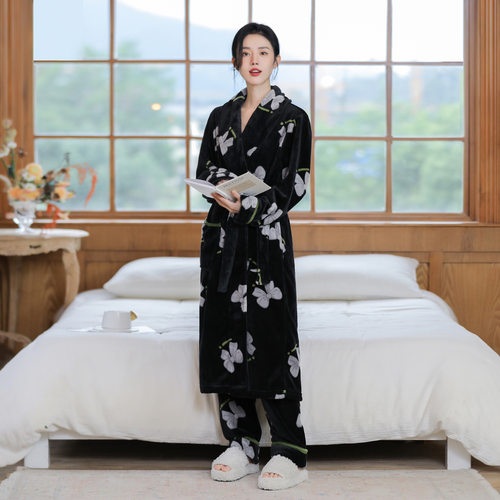 冬季法兰绒睡袍加长加厚