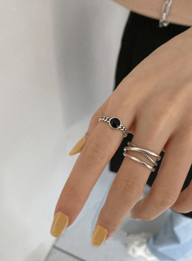 时尚麻花戒指女简约S925银黑色圆指环复古ins潮网红韩版食指戒