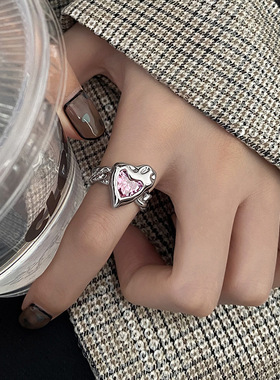 不规则爱心戒指女复古时尚S925银粉色桃心链条开口指环个性食指戒