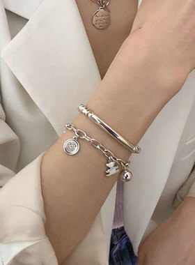 韩版S925银创意锁扣手链女复古时尚圆球卡通小熊笑脸手环手饰品潮