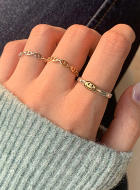 日韩简约猪鼻子复古戒指女925银ins时尚个性笑脸学生开口食指环