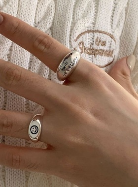 韩版笑脸面包戒指女复古时尚字母个性简约S925银开口指环食指戒潮