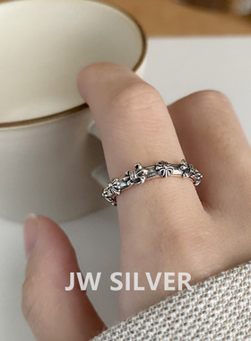 浮雕十字军花戒指女复古时尚重工鸢尾S925银开口指环甜酷食指戒潮