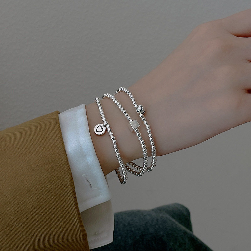 韩版S925银个性圆珠弹力手链女复古时尚嘻哈文艺爱心方块手环手饰