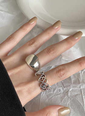 日韩S925银个性镂空戒指女复古时尚爱心花边开口指环嘻哈食指戒潮