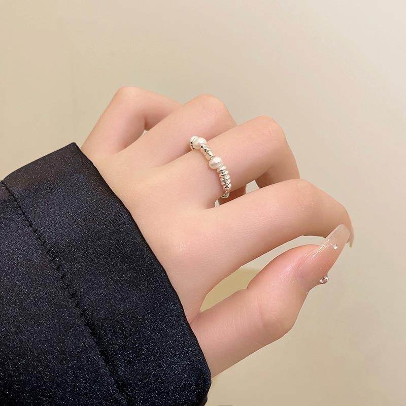 碎银珍珠戒指女时尚个性韩版气质百搭S925指环网红创意小众食指戒