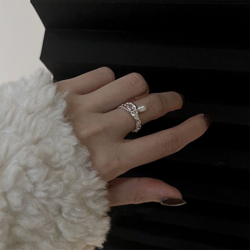 流苏链条珍珠戒指女感时尚气质优雅S925银开口转线条食指戒潮