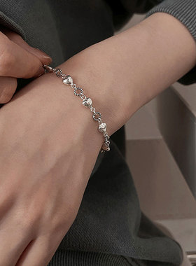 韩版S925银个性一串爱心手链女复古时尚简约桃心手环嘻哈朋克饰品