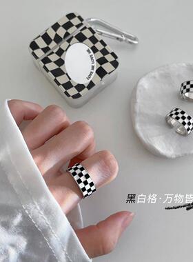 黑白棋盘戒指女复古时尚S925银网格拼色开口指环嘻哈创意食指戒潮