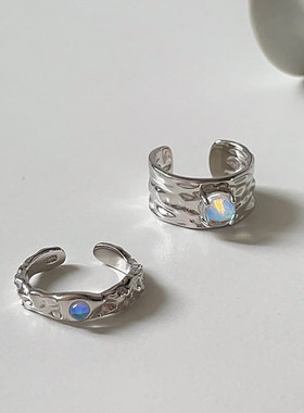 韩版S925银月光石戒指女复古时尚冷淡风ins开口指环锡箔纹食指戒