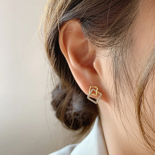 韩版S925银针几何耳钉女复古简约方块重叠个性耳环欧美气质耳饰品
