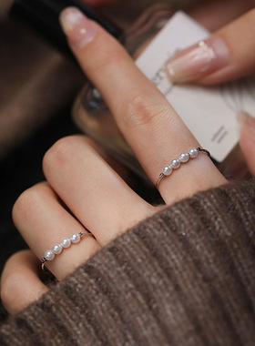 韩版S925银甜美珍珠戒指女复古时尚宫廷风气质开口指环嘻哈食指戒