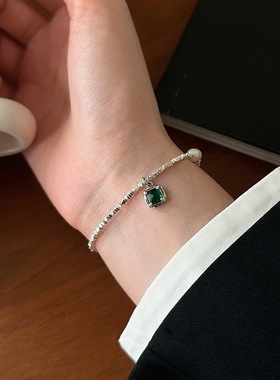 气质爆闪碎银手链女法式复古祖母绿色锆石S925银手环百搭轻奢手饰