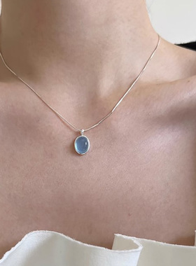 椭圆蓝色极光锆石项链女简约气质优雅S925银锁骨链ins风轻奢颈链
