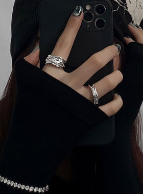 欧美S925银几何褶皱戒指女复古时尚个性嘻哈开口指环ins食指戒潮