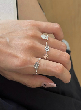 简约几何笑脸戒指女可抽拉调节时尚字母吊坠S925银指环ins食指戒