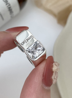 韩版S925银个性字母戒指女复古时尚good luck锆石开口指环食指戒