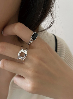 韩版S925银个性黑色方形戒指女复古时尚个性镂空几何指环食指戒潮