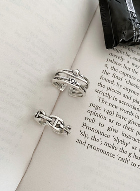 韩版S925银几何镂空猪鼻子戒指女复古时尚几何星星开口指环食指戒