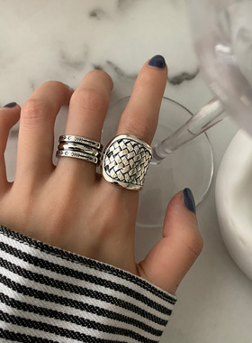 日韩S925银个性编织戒指女复古气质多层鱼鳞开口指环嘻哈食指戒潮