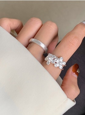 双生花朵戒指女时尚气质优雅珍珠S925银开口指环甜酷网红食指戒潮