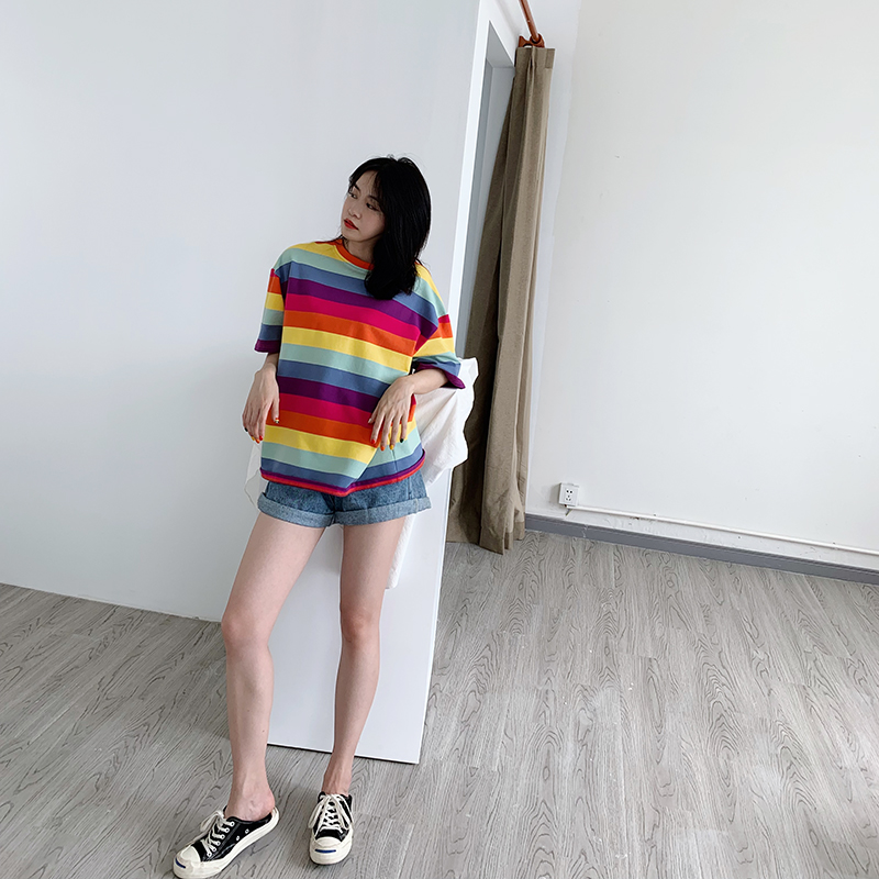 NANMU彩虹条纹t恤女短袖2019夏季新款古着少女感T恤港味休闲上衣热销0件假一赔十