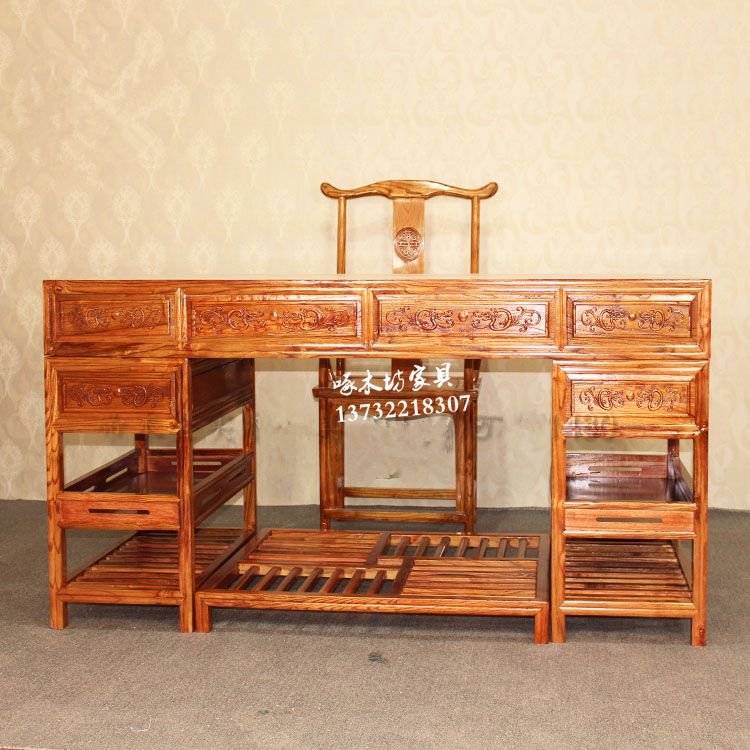 办公桌仿古中式风雕花榆木写字台
