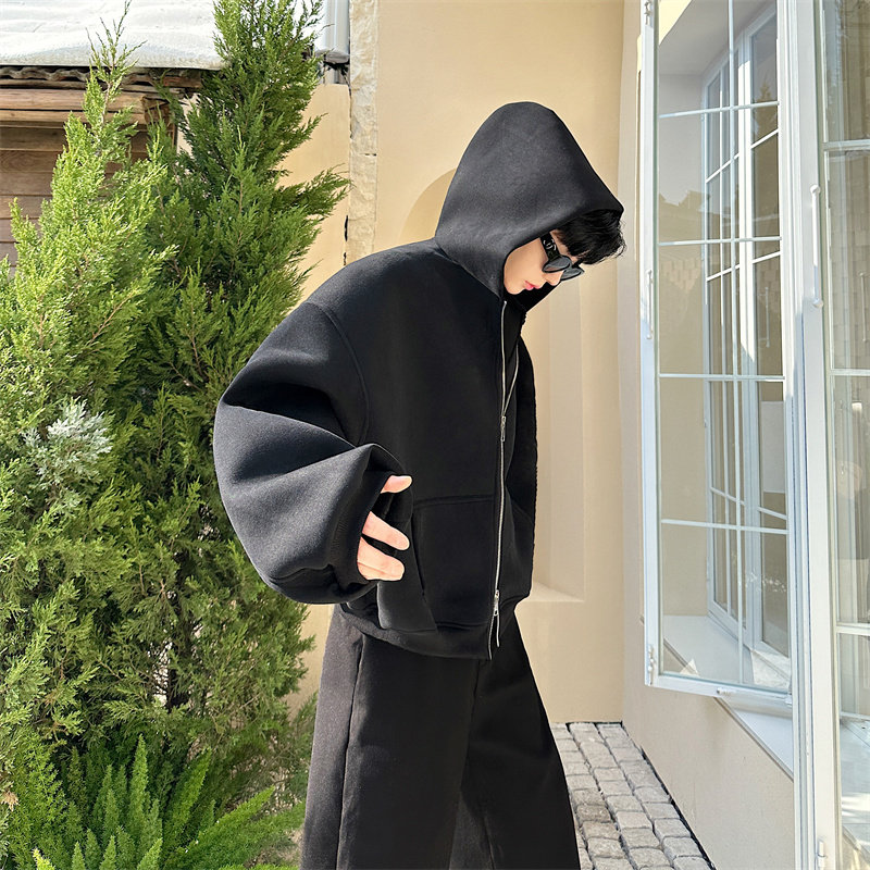 thumbnail for Spring and Autumn Heavy 550g Space Layer Hooded Sweatshirt Men's Korean Version Trend Loose Balloon Sleeve Silhouette Cropped Jacket