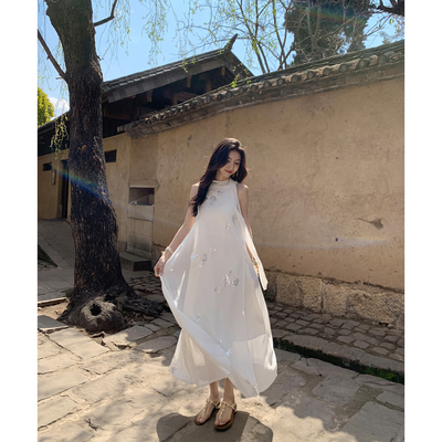 MULVAN 艺术感两穿 挂脖飘带连衣裙设计感小众V领层次度假长裙子