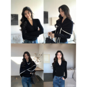 MULVAN 气质打底衫 雅奢row风 设计感V领针织上衣女可拆披肩修身