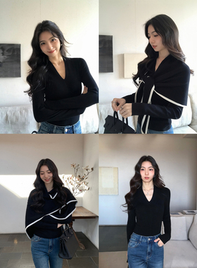MULVAN 雅奢row风 设计感V领针织上衣女可拆披肩修身气质打底衫