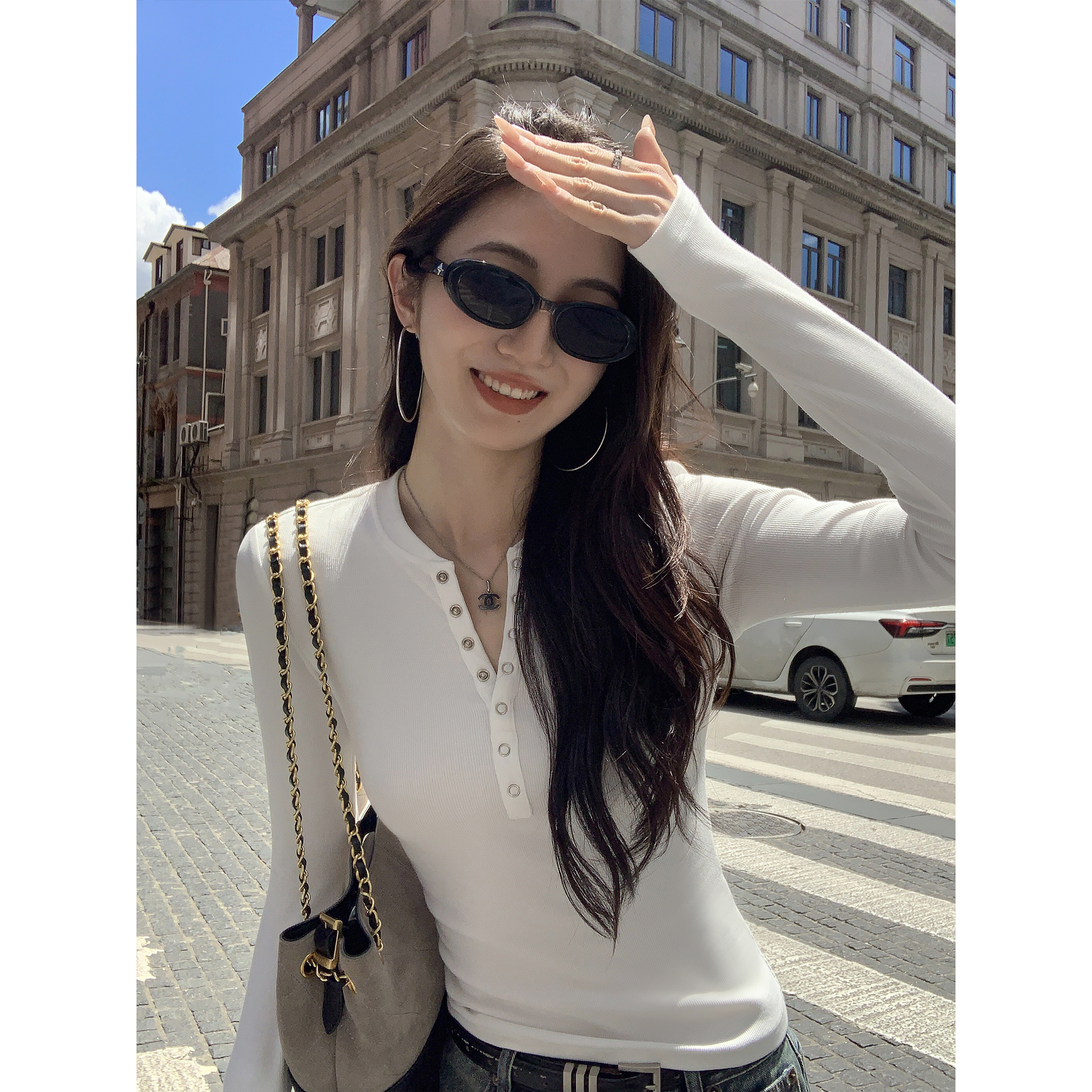 基础亨利领长袖T恤女针织衫上衣