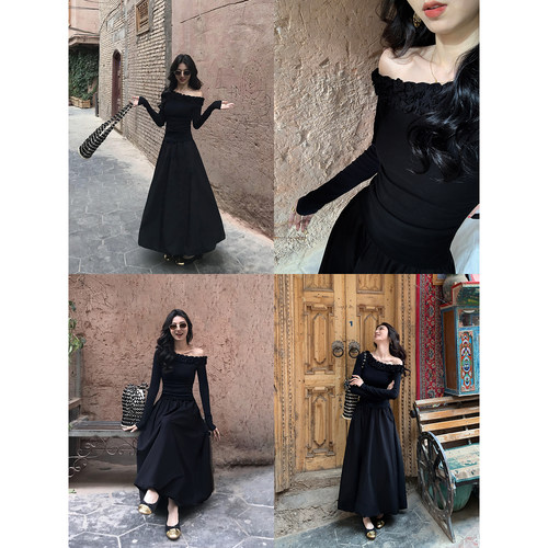 MULVAN 明星下班时！甜美立体花朵斜肩长袖上衣女气质修身针织t恤