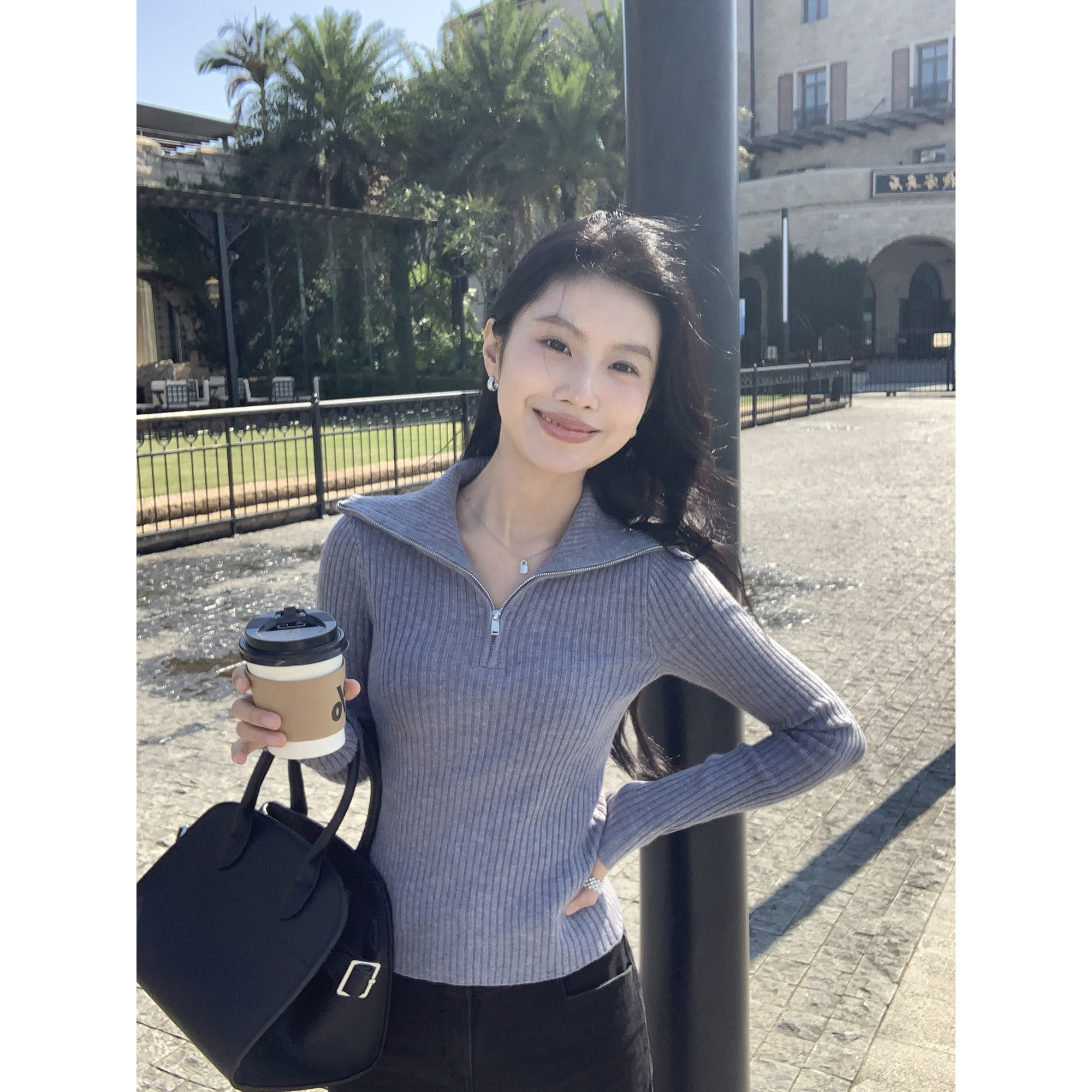 设计感半拉链长袖针织打底衫女