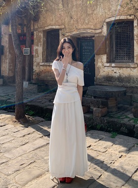 MULVAN 黑色斜肩上衣女收腰短袖衬衫夏季大摆灯笼半身裙两件套