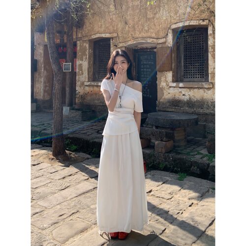 MULVAN 斜肩上衣女收腰短袖衬衫夏季抽绳大摆灯笼半身裙两件套