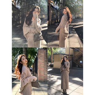 女气质半身裙套装 MULVAN 毛衣针织开衫 不规则蝙蝠袖 东区矜贵感