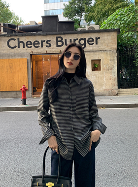 MULVAN 【现货7折】复古蓝色格子长袖衬衫女秋季宽松显瘦衬衣