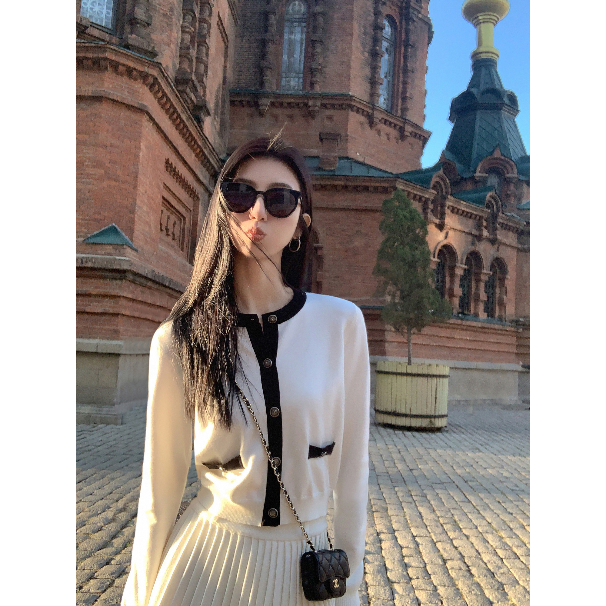 小香风撞色圆领针织开衫