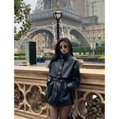 皮衣外套女收腰绑带高级感夹克 黑色中长款 MULVAN 现货7.5折