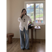 高腰宽松直筒阔腿裤 MULVAN 女春秋拖地长裤 蓝色牛仔裤 现货7折