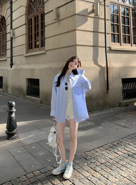 MULVAN【现货7折】高级感蓝色条纹衬衫女宽松休闲衬衣长袖上衣