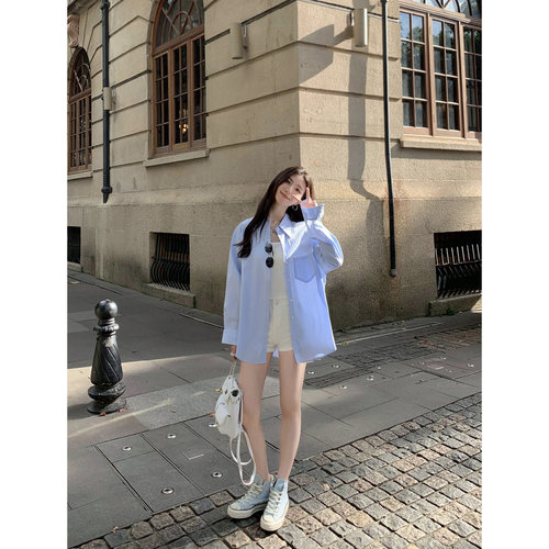 高级感韩系蓝色条纹衬衫