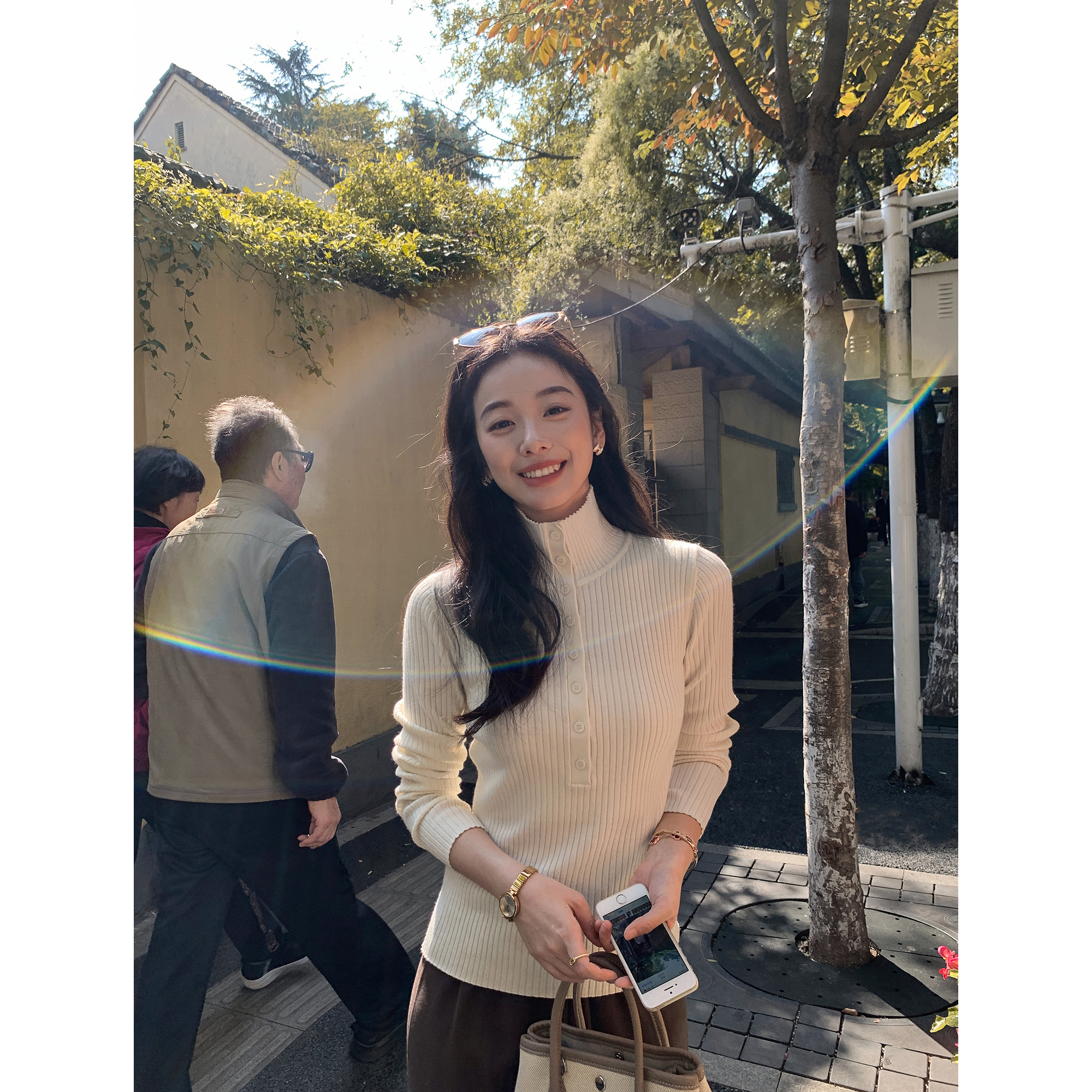 MULVAN 简约引力 羊毛混纺高领针织衫女修身显瘦翻领打底内搭上衣