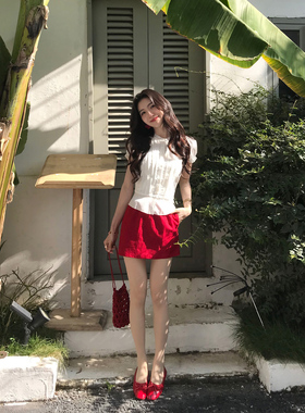 MULVAN 轻氧漫游 红色苎麻直筒半身裙女气质休闲显瘦松紧腰短裙