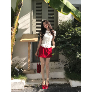 MULVAN 红色苎麻直筒半身裙女气质休闲显瘦松紧腰短裙 轻氧漫游