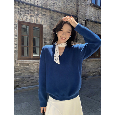 MULVAN 利兹周末 慵懒风套头v领毛衣女秋宽松气质休闲针织衫上衣